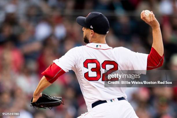 Matt Barnes of the Boston Red Sox delivers during the seventh inning of a game against the Tampa Bay Rays on April 28, 2018 at Fenway Park in Boston,...