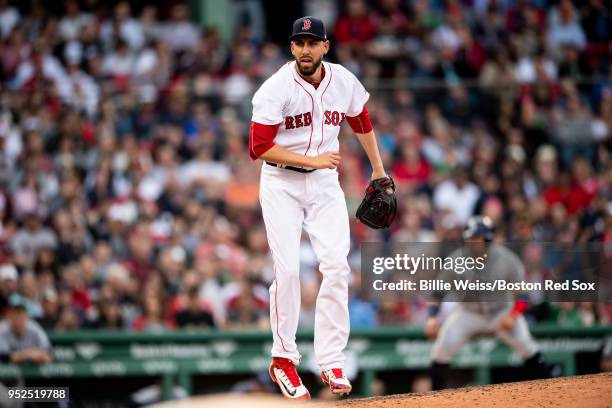 Matt Barnes of the Boston Red Sox reacts during the seventh inning of a game against the Tampa Bay Rays on April 28, 2018 at Fenway Park in Boston,...