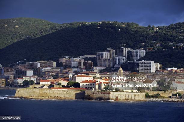 Town of Ajaccio seen from the sea, Corsica island, France.