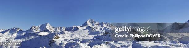 From left to right, the Aiguille Rouge, the mont Pourri and the Grande Motte seen from La Plagne ski ressort, Vanoise national park and Tarentaise...