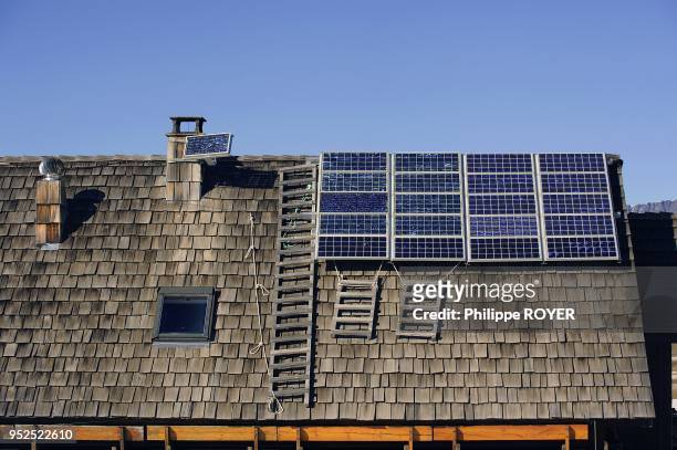 Solar energy over roof of refuge in national park of Vanoise, Savoy, France.
