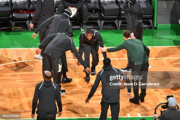 Eric Bledsoe of the Milwaukee Bucks is introduced at the start of the game against the Boston Celtics in Game Seven of the 2018 NBA Playoffs on April...