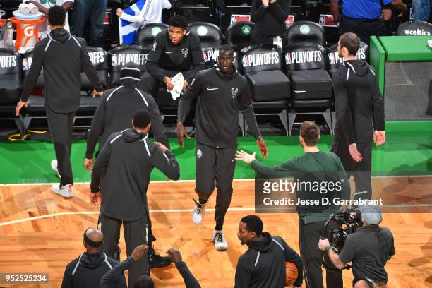 Thon Maker of the Milwaukee Bucks is introduced at the start of the game against the Boston Celtics in Game Seven of the 2018 NBA Playoffs on April...