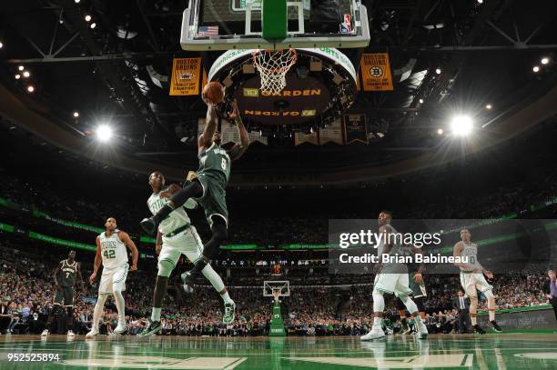 Eric Bledsoe of the Milwaukee Bucks goes to the basket against the Boston Celtics in Game Seven of Round One of the 2018 NBA. Playoffs on April 28,...