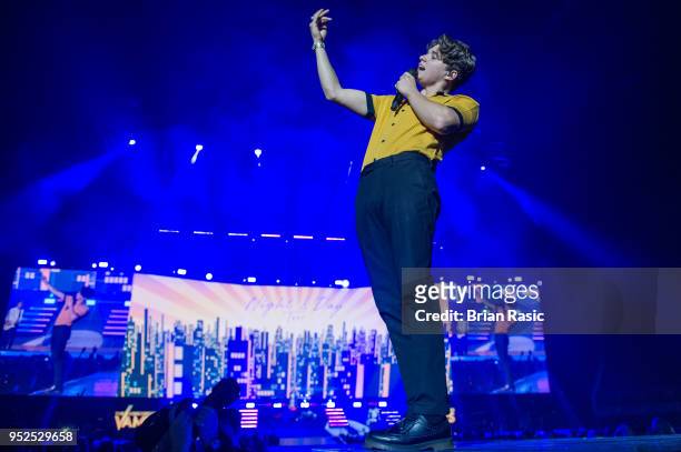 Brad Simpson of The Vamps perform live on stage at The O2 Arena on April 28, 2018 in London, England.