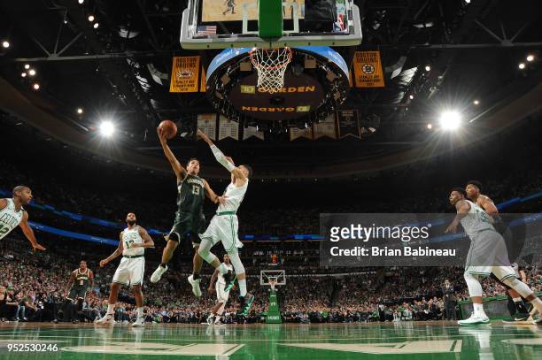 Malcolm Brogdon of the Milwaukee Bucks goes to the basket against the Boston Celtics in Game Seven of Round One of the 2018 NBA. Playoffs on April...