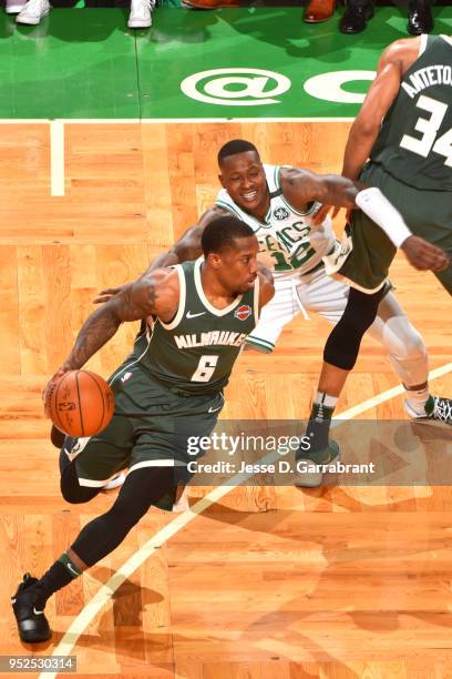 Eric Bledsoe of the Milwaukee Bucks handles the ball against the Boston Celtics in Game Seven of the 2018 NBA Playoffs on April 28, 2018 at the TD...