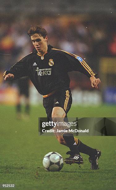 Savio of Real Madrid uses his pace and skill to cause trouble for defenders during the UEFA Champions League Group D match against Anderlecht played...