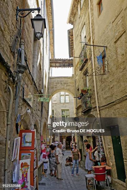 Triperie Vieille Street on August 12, 2012 in Pezenas, Herault, Languedoc-Roussillon, France.