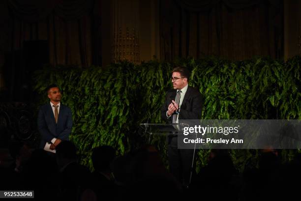 Shaun Leonardo and Jamie Bennett speak at Skowhegan Awards Dinner 2018 at The Plaza Hotel on April 24, 2018 in New York City. Shaun Leonardo;Jamie...