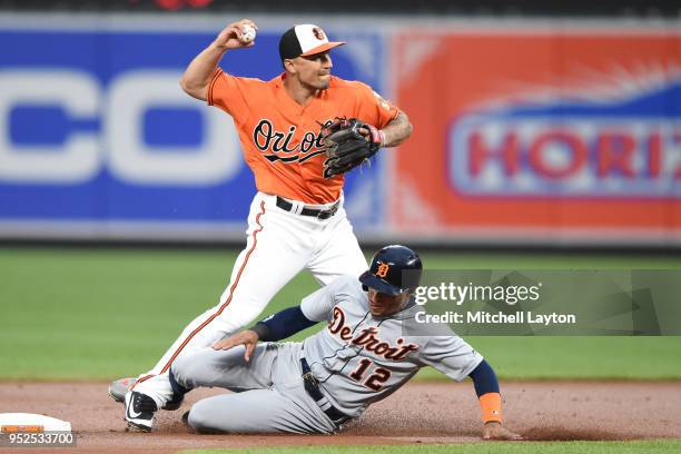 Jace Peterson of the Baltimore Orioles forces out Leonys Martin of the Detroit Tigers on a Nicholas Castellanos fielders choice in the first inning...