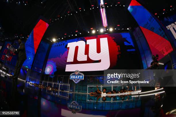 New York Giant logo on the video board during the third round of the 2018 NFL Draft on April 27 at AT&T Stadium in Arlington, TX.