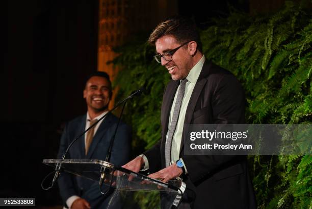 Shaun Leonardo and Jamie Bennett speak at Skowhegan Awards Dinner 2018 at The Plaza Hotel on April 24, 2018 in New York City. Shaun Leonardo;Jamie...