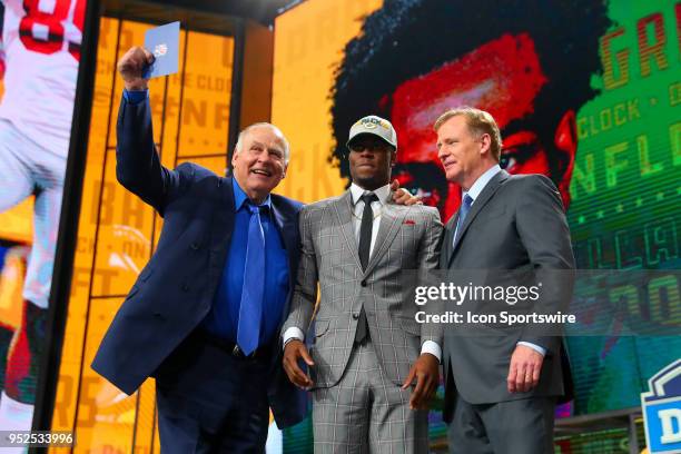 Hall of Famer Jerry Kramer and NFL Commissioner Roger Goodell take a photo with Joshua Jackson after being chosen by the Green Bay Packers with the...