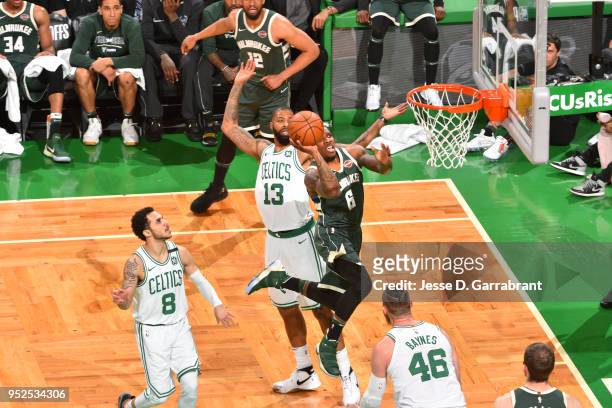 Eric Bledsoe of the Milwaukee Bucks shoots the ball against the Boston Celtics in Game Seven of the 2018 NBA Playoffs on April 28, 2018 at the TD...