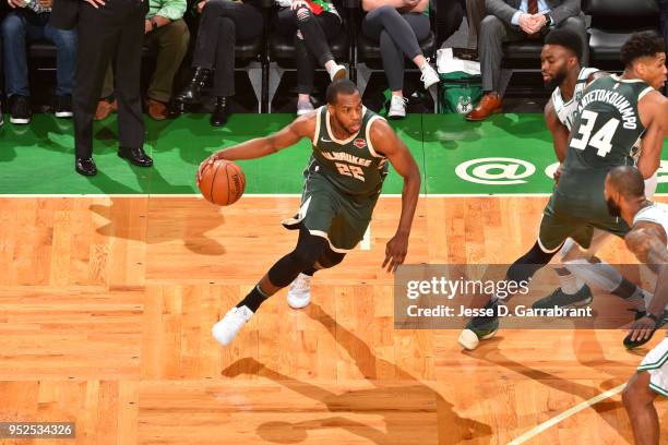 Khris Middleton of the Milwaukee Bucks handles the ball against the Boston Celtics in Game Seven of the 2018 NBA Playoffs on April 28, 2018 at the TD...