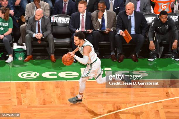 Shane Larkin of the Boston Celtics moves up the court during the game against the Milwaukee Bucks in Game Seven of the 2018 NBA Playoffs on April 28,...