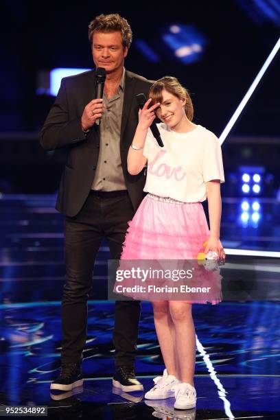 Oliver Geissen and Marie Wegener during the semi finals of the TV competition 'Deutschland sucht den Superstar' at Coloneum on April 28, 2018 in...
