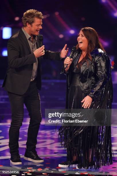 Oliver Geissen and Janina El Arguioui during the semi finals of the TV competition 'Deutschland sucht den Superstar' at Coloneum on April 28, 2018 in...