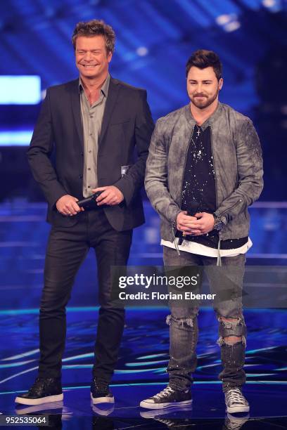 Oliver Geissen and Michel Truog during the semi finals of the TV competition 'Deutschland sucht den Superstar' at Coloneum on April 28, 2018 in...
