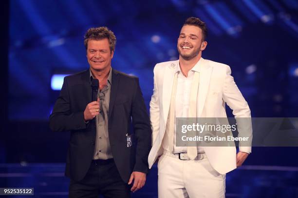 Oliver Geissen and Michael Rauscher during the semi finals of the TV competition 'Deutschland sucht den Superstar' at Coloneum on April 28, 2018 in...