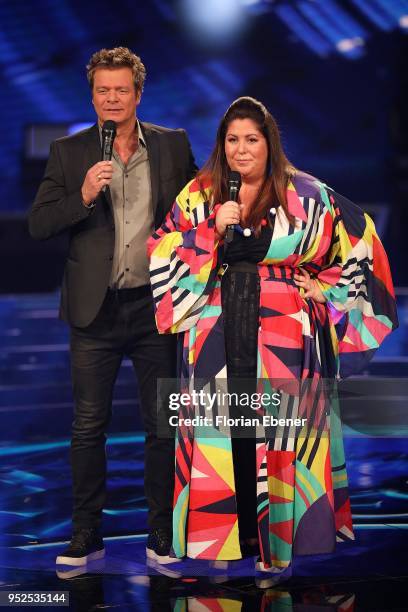 Oliver Geissen and Janina El Arguioui during the semi finals of the TV competition 'Deutschland sucht den Superstar' at Coloneum on April 28, 2018 in...