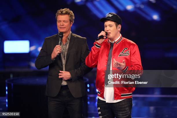 Oliver Geissen and Lukas Otte during the semi finals of the TV competition 'Deutschland sucht den Superstar' at Coloneum on April 28, 2018 in...