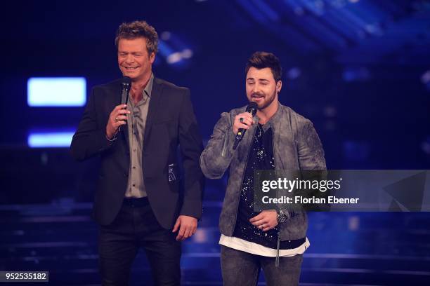 Oliver Geissen and Michel Truog during the semi finals of the TV competition 'Deutschland sucht den Superstar' at Coloneum on April 28, 2018 in...