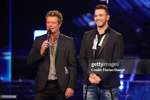 Oliver Geissen and Michael Rauscher during the semi finals of the TV competition 'Deutschland sucht den Superstar' at Coloneum on April 28, 2018 in...