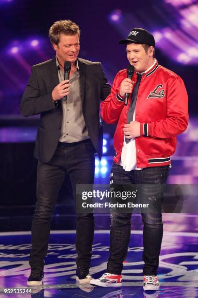 Oliver Geissen and Lukas Otte during the semi finals of the TV competition 'Deutschland sucht den Superstar' at Coloneum on April 28, 2018 in...