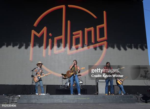 Jess Carson, Mark Wystrach and Cameron Duddy of Midland performs onstage during 2018 Stagecoach California's Country Music Festival at the Empire...