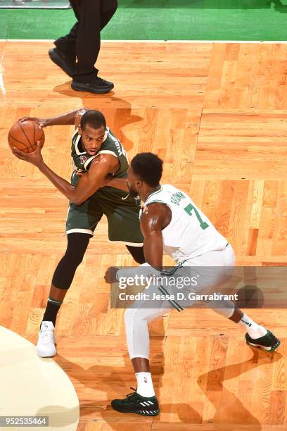 Khris Middleton of the Milwaukee Bucks handles the ball against the Boston Celtics in Game Seven of the 2018 NBA Playoffs on April 28, 2018 at the TD...