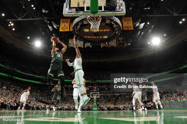 Jabari Parker of the Milwaukee Bucks goes to the basket against the Boston Celtics in Game Seven of Round One of the 2018 NBA. Playoffs on April 28,...