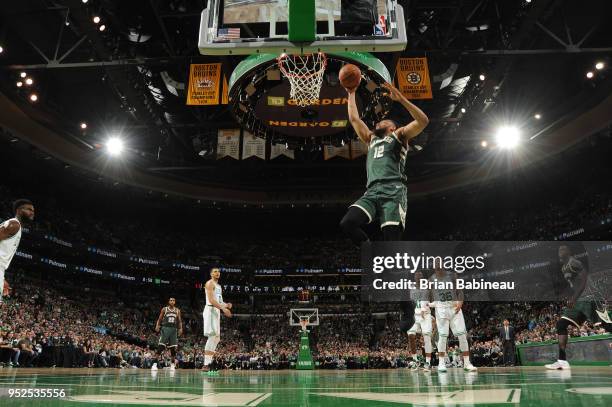 Jabari Parker of the Milwaukee Bucks dunks against the Boston Celtics in Game Seven of Round One of the 2018 NBA. Playoffs on April 28, 2018 at the...