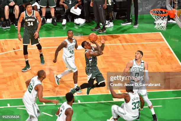 Eric Bledsoe of the Milwaukee Bucks glides to the basket against the Boston Celtics in Game Seven of the 2018 NBA Playoffs on April 28, 2018 at the...