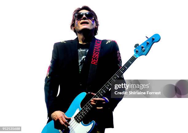 Nicky Wire of Manic Street Preachers performs live on stage at Manchester Arena on April 28, 2018 in Manchester, England.