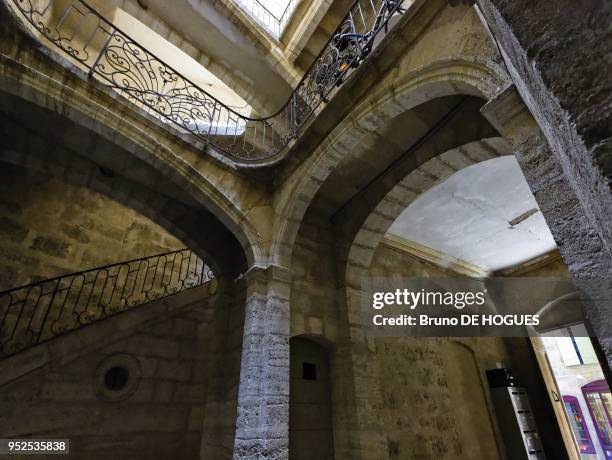 Stone staircase in Hotel de Moulceaux on August 12, 2012 in Pezenas, Herault, Languedoc-Roussillon, France.