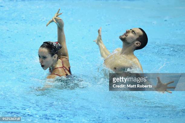 Pau Ribes and Berta Ferreras of Spain compete during the Mixed Duet Free Routine final on day three of the FINA Artistic Swimming Japan Open at the...