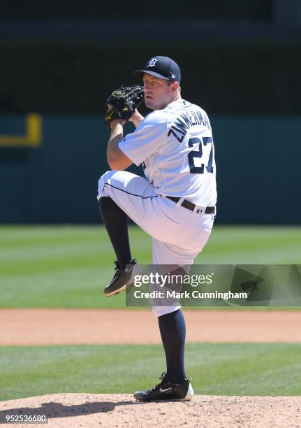 Jordan Zimmermann of the Detroit Tigers throws a warm-up pitch during the game against the Baltimore Orioles at Comerica Park on April 19, 2018 in...