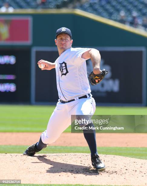 Jordan Zimmermann of the Detroit Tigers pitches during the game against the Baltimore Orioles at Comerica Park on April 19, 2018 in Detroit,...