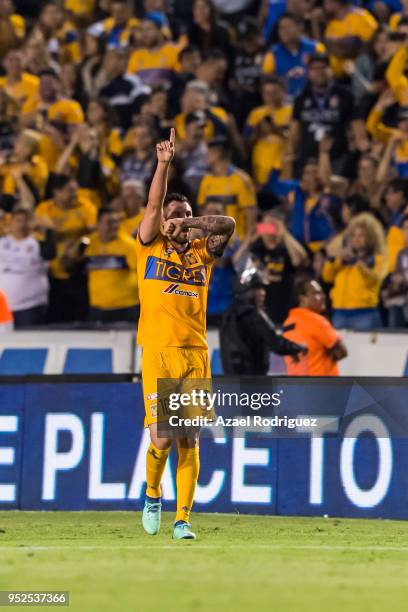 Andre-Pierre Gignac of Tigres celebrates after scoring his teams second goal during the 17th round match between Tigres UANL and Monterrey as part of...