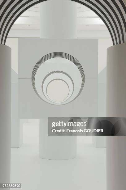 Exposition de Daniel Buren, 'Comme un jeu d'enfant travaux in situ' au Musée d'Art Moderne et Contemporain de Strasbourg, 12 juin 2014, France.