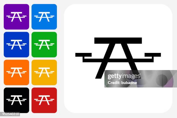 picnic table icon square button set - picnic table stock illustrations