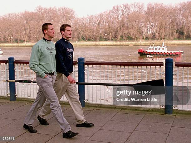 Presidents Kieran West of Cambridge and Dan Snow of Oxford talk as they walk along the Thames after the Presidents Challange and Crew Announcement...