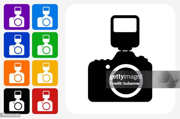 dslr camera and flash icon square button set - dslr camera stock illustrations