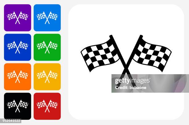 two racing flags icon square button set - chequered flag stock illustrations