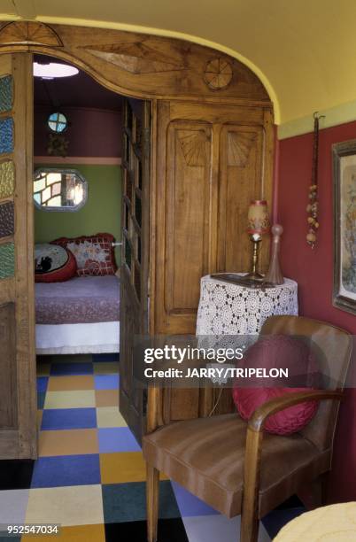 Gypsy caravan, restored by Jeanne Bayol, bed and breakfast Le Mas du Pastre, Eygalieres, Alpilles and Provence area, Bouches-du-Rhone department,...