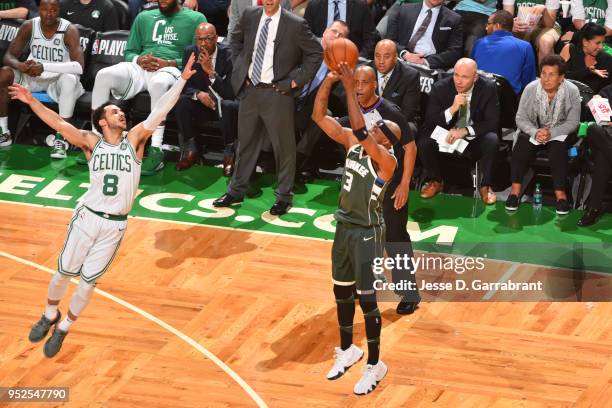 Jason Terry of the Milwaukee Bucks shoots the ball over Shane Larkin of the Boston Celtics in Game Seven of the 2018 NBA Playoffs on April 28, 2018...