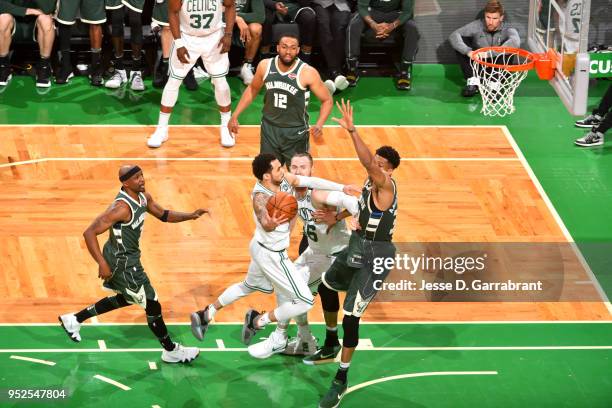 Shane Larkin of the Boston Celtics drives to the basket against the Milwaukee Bucks in Game Seven of the 2018 NBA Playoffs on April 28, 2018 at the...