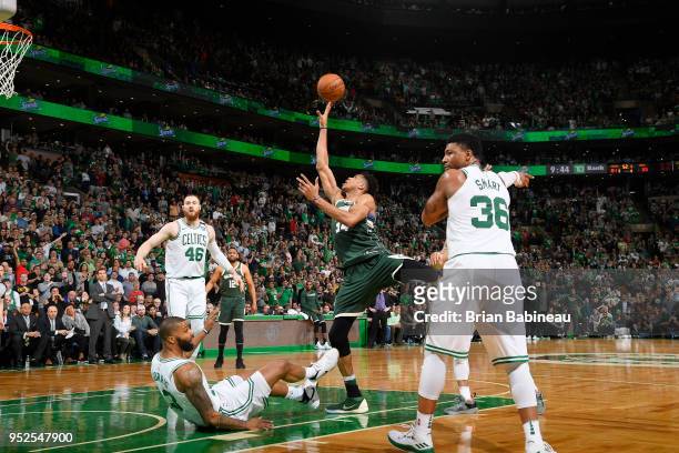 Giannis Antetokounmpo of the Milwaukee Bucks shoots the ball against the Milwaukee Bucks in Game Seven of Round One of the 2018 NBA. Playoffs on...